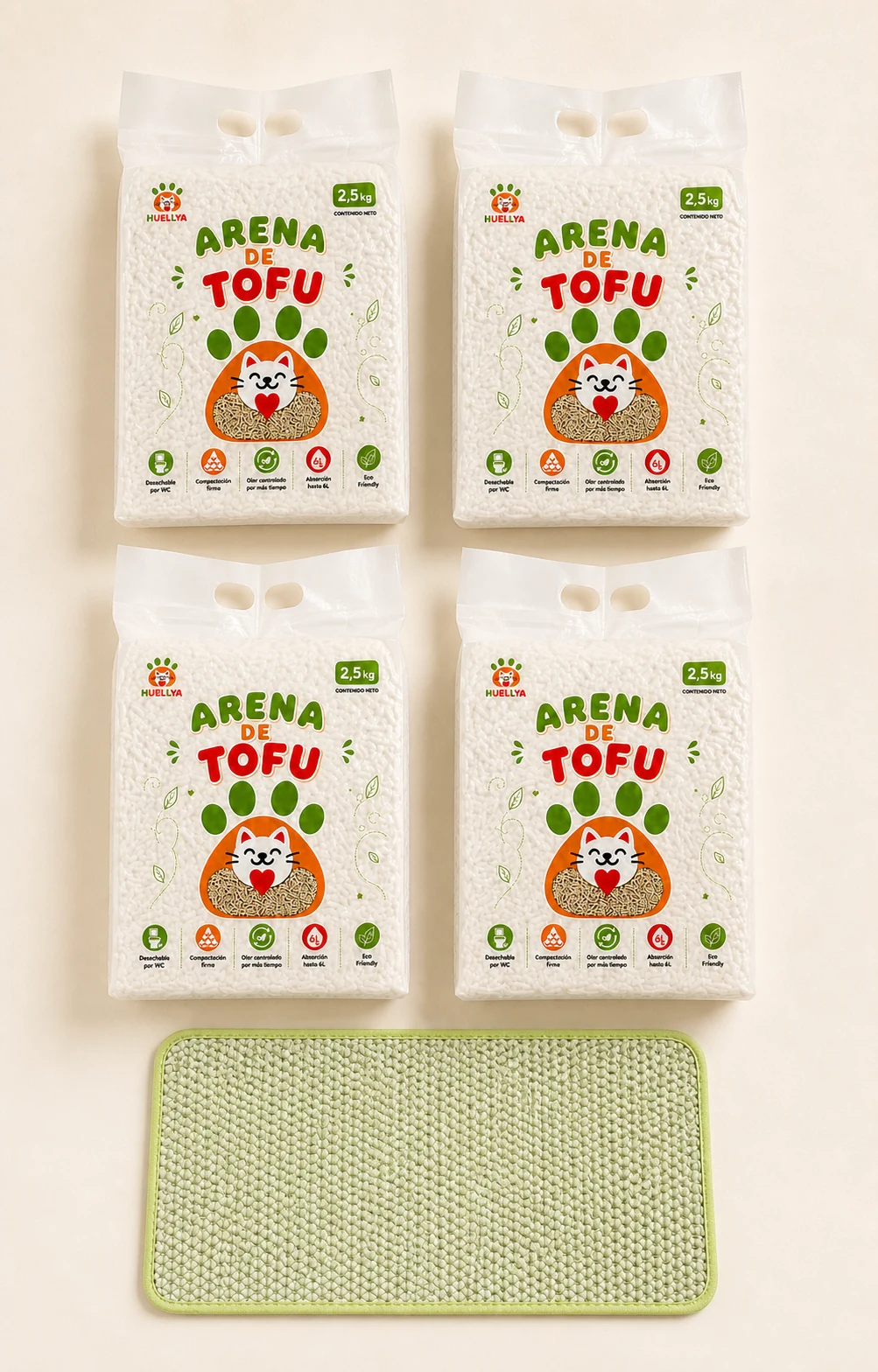 [HUE-CAT-A-101] Huellya Bundle 4 bolsas de arena de tofu 2,5 kg + 1 alfombra